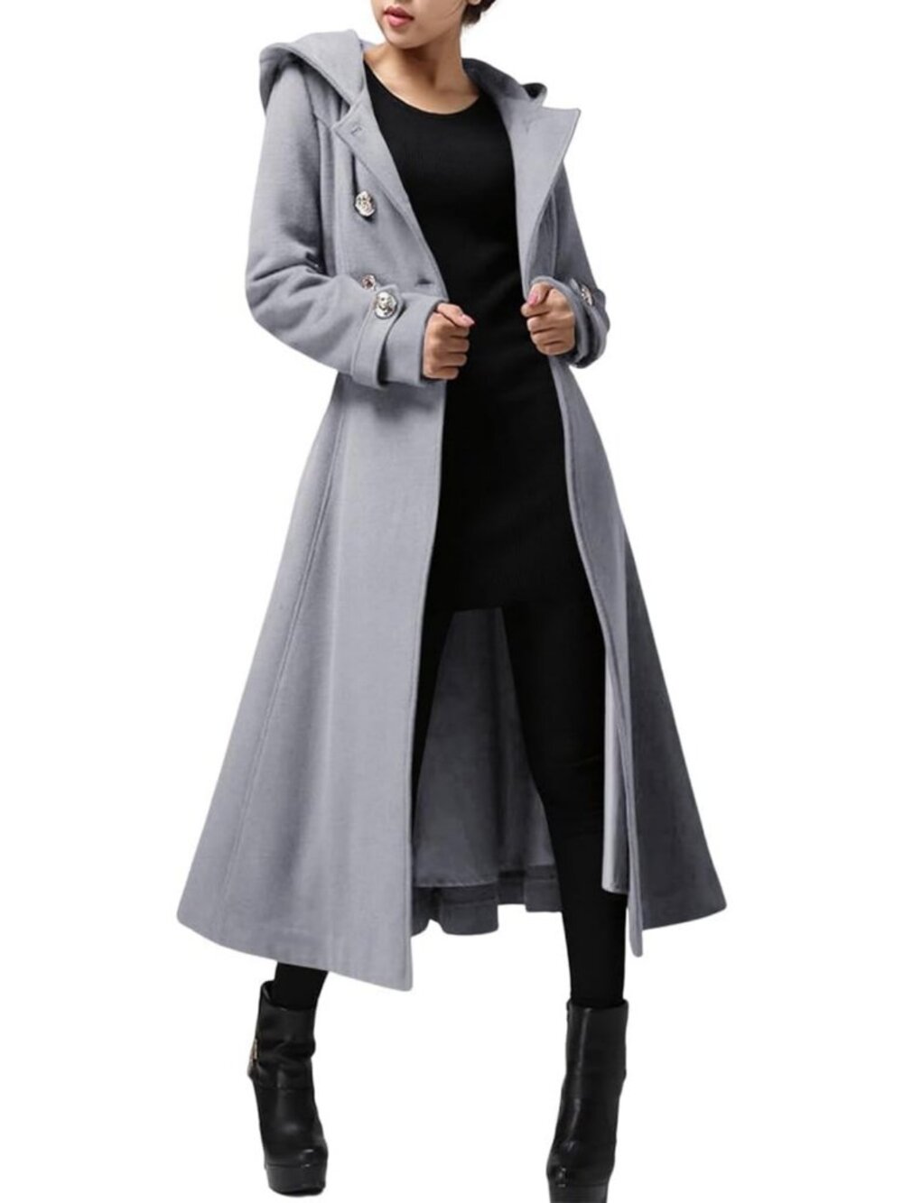 Chic Women's Long Hooded Wool Trench Coat - Double-Breasted Winter Outerwear